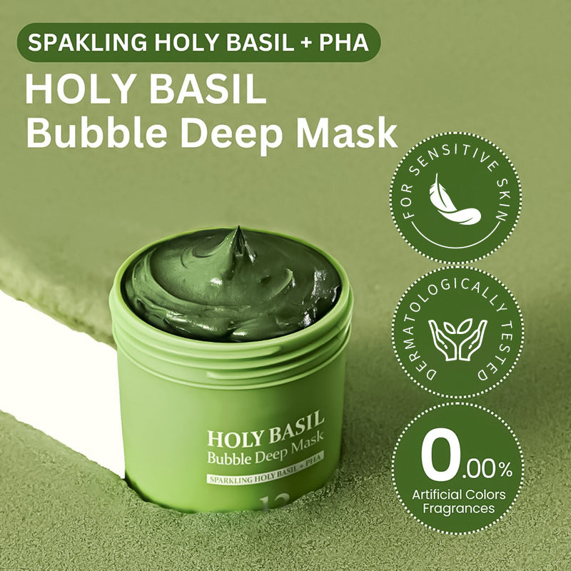 Holy Basil Bubble Clay Mask with Silicone Brush – Deep Cleansing Pore Detox & Blackhead Remover Face Mask